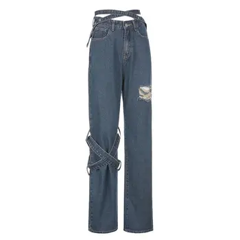 Женские джинсы большого размера весом 200 кг с дырочками, полым крестом, высокой талией, облегающие повседневные прямые длинные брюки, толщина мм - Изображение 1  
