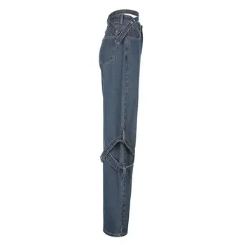 Женские джинсы большого размера весом 200 кг с дырочками, полым крестом, высокой талией, облегающие повседневные прямые длинные брюки, толщина мм - Изображение 2  
