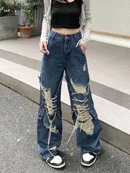 Женские Рваные джинсы Grunge Y2k, мешковатая корейская уличная одежда в стиле хиппи, широкие джинсовые брюки с высокой талией, Эстетичные джинсы с дырками - Изображение 1  