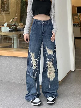 Женские Рваные джинсы Grunge Y2k, мешковатая корейская уличная одежда в стиле хиппи, широкие джинсовые брюки с высокой талией, Эстетичные джинсы с дырками - Изображение 2  