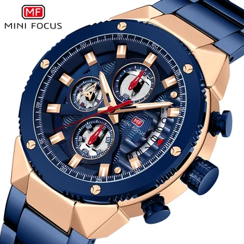 Модные кварцевые часы MINI FOCUS темно-синего цвета для мужчин, водонепроницаемые часы с хронографом, роскошный ремешок из нержавеющей стали, деловые наручные часы - Изображение 1  