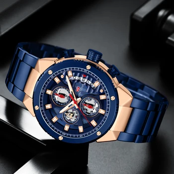 Модные кварцевые часы MINI FOCUS темно-синего цвета для мужчин, водонепроницаемые часы с хронографом, роскошный ремешок из нержавеющей стали, деловые наручные часы - Изображение 2  