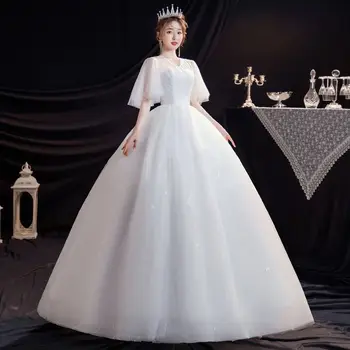 Основное свадебное платье корейской версии невесты с короткими рукавами, тонкое кружевное простое платье с V-образным вырезом, покрывающее руку свадебной фатой для отправки фаты - Изображение 2  