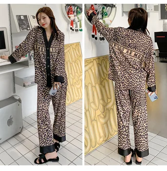 Пижамный костюм с леопардовым принтом, Атласные Пижамные комплекты, Пижамный костюм для влюбленных, мужская и женская повседневная домашняя одежда - Изображение 1  